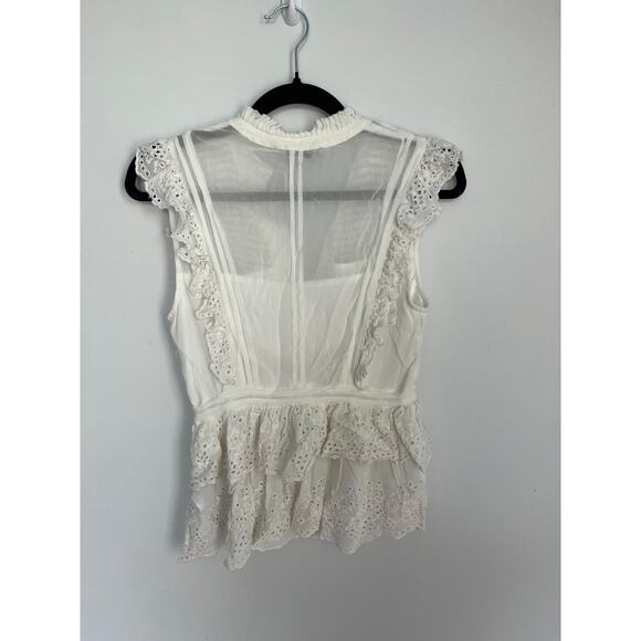 AllSaints Eyelet‎ Ruffle Sleeveless Blouse Women 4 White Boho Peplum Top - Picture 2 of 6